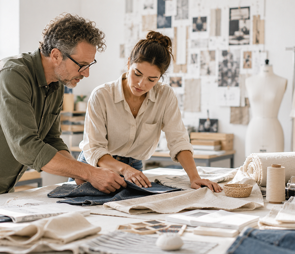 Two people examine fabric and patterns spread across a worktable in a bright design studio.