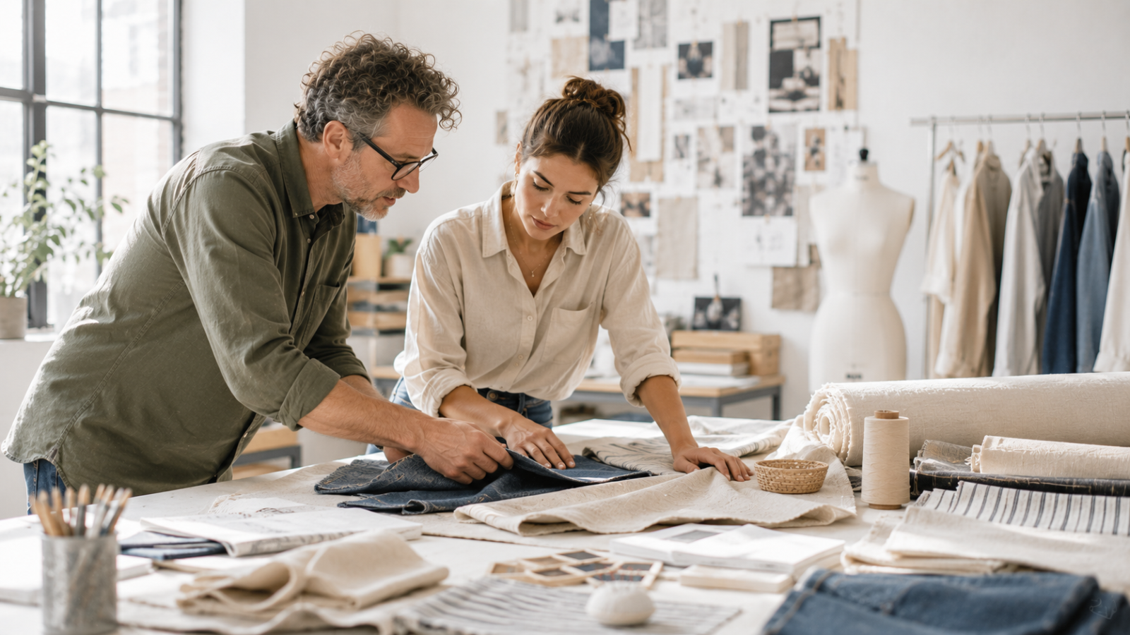 Two people examine fabric and patterns spread across a worktable in a bright design studio.
