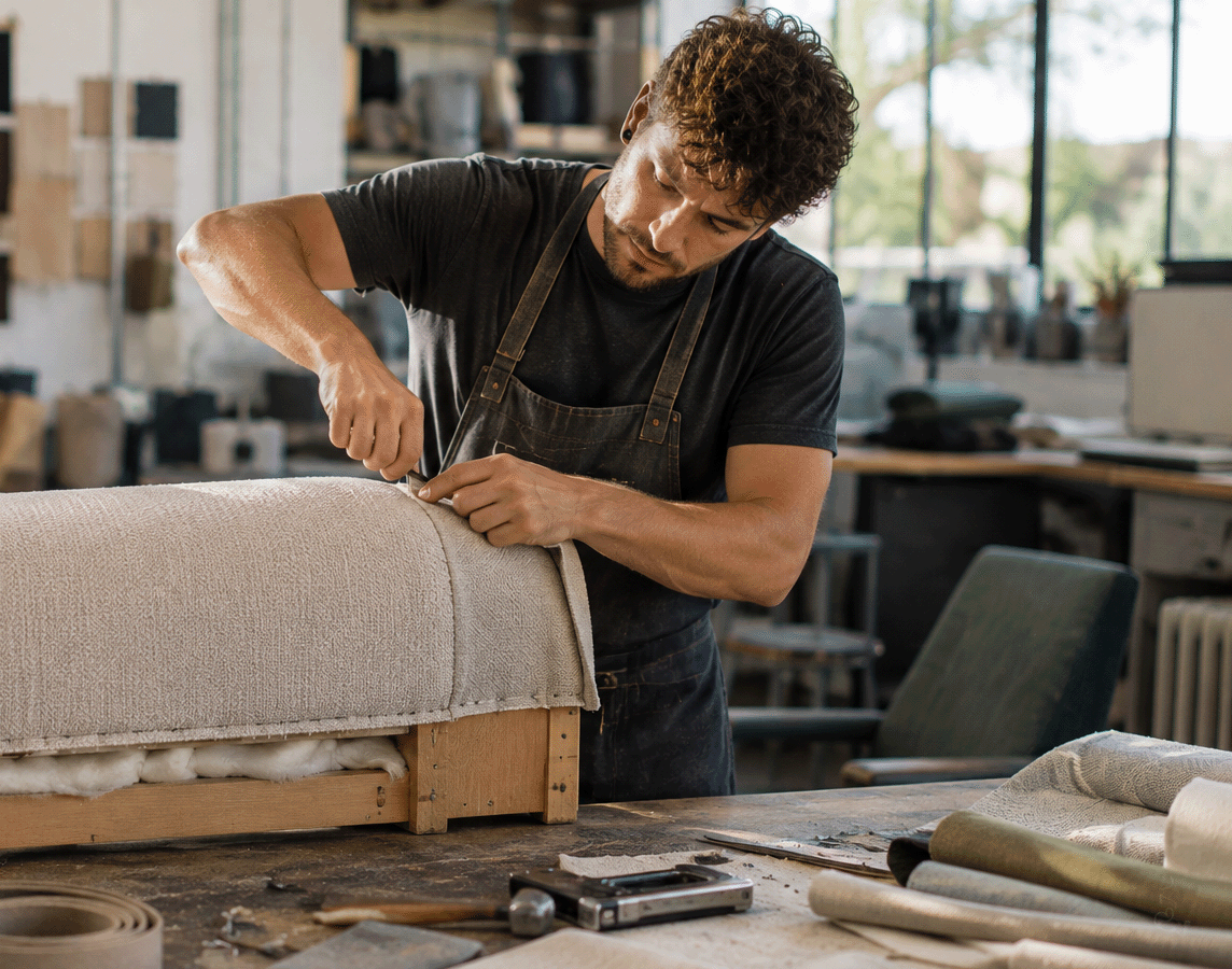 An upholsterer in an apron fastens beige fabric over a wooden chair in a sunlit workshop.